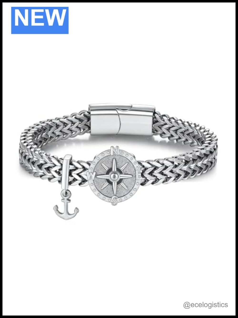 Sterling Silver Compass Anchor Cuban Link Bracelet Men 8.5 in Nautical